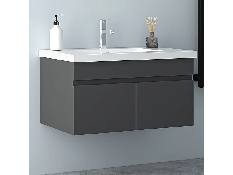 AICA Badezimmerschränke 80cm Mineralguss Waschtisch mit Unterschrank - Dunkelgrau Matt Hängeschrank - MARO