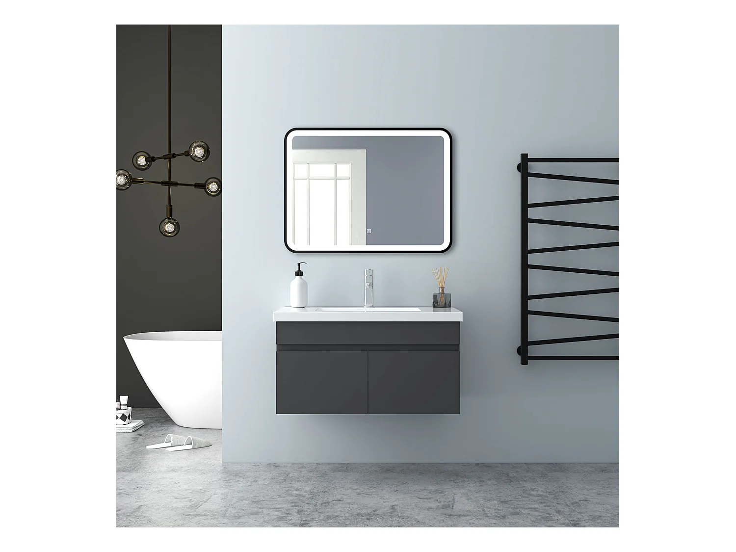 AICA Badezimmerschränke 80cm Mineralguss Waschtisch mit Unterschrank - Dunkelgrau Matt Hängeschrank - MARO