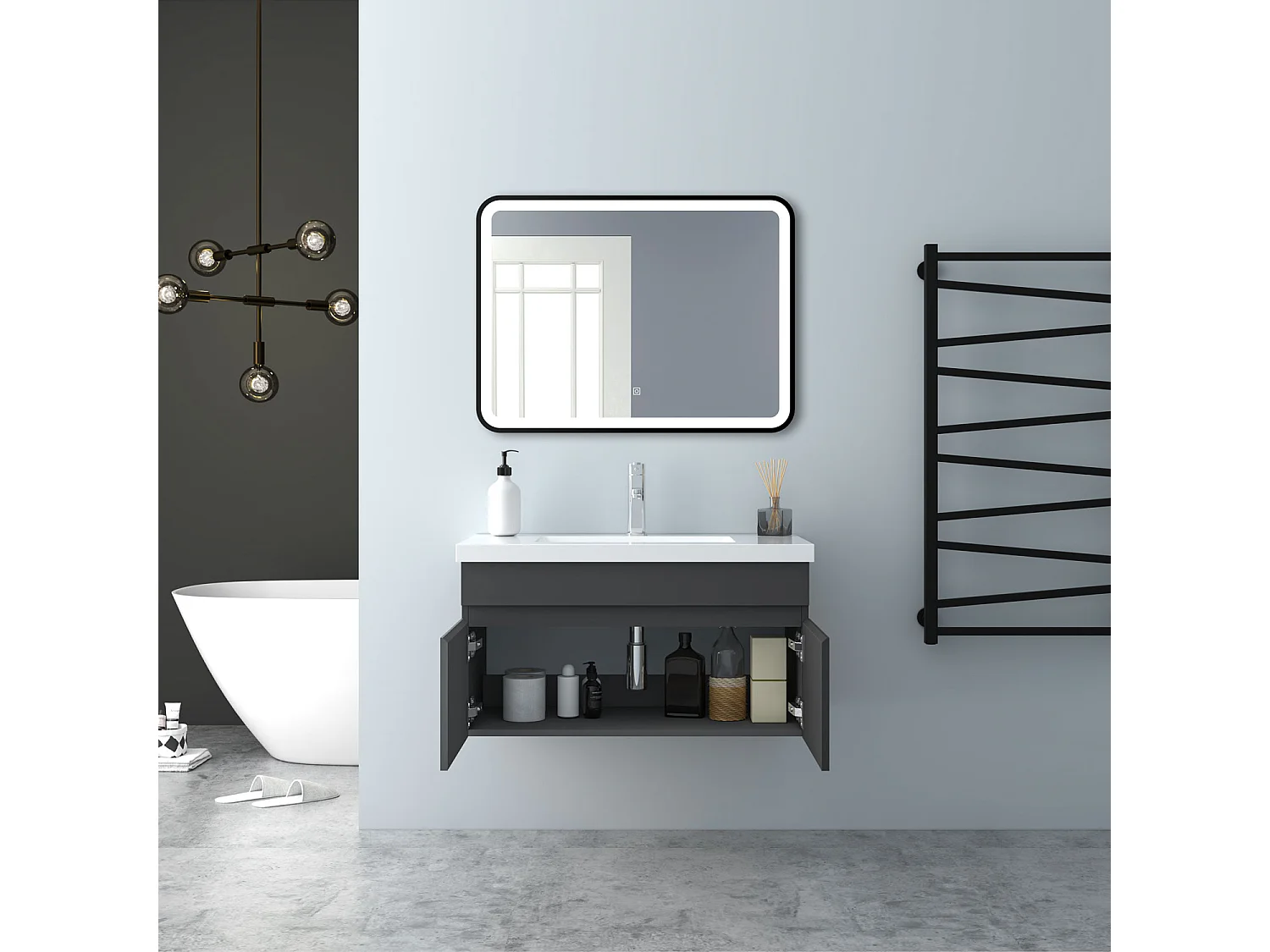 AICA Badezimmerschränke 80cm Mineralguss Waschtisch mit Unterschrank - Dunkelgrau Matt Hängeschrank - MARO