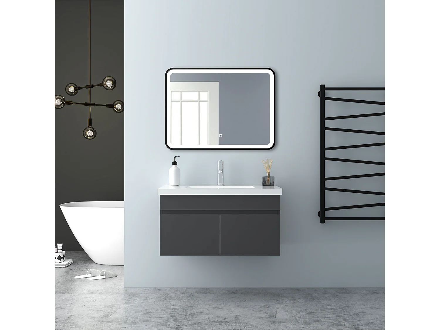 AICA Badezimmerschränke 80cm Mineralguss Waschtisch mit Unterschrank - Dunkelgrau Matt Hängeschrank - MARO