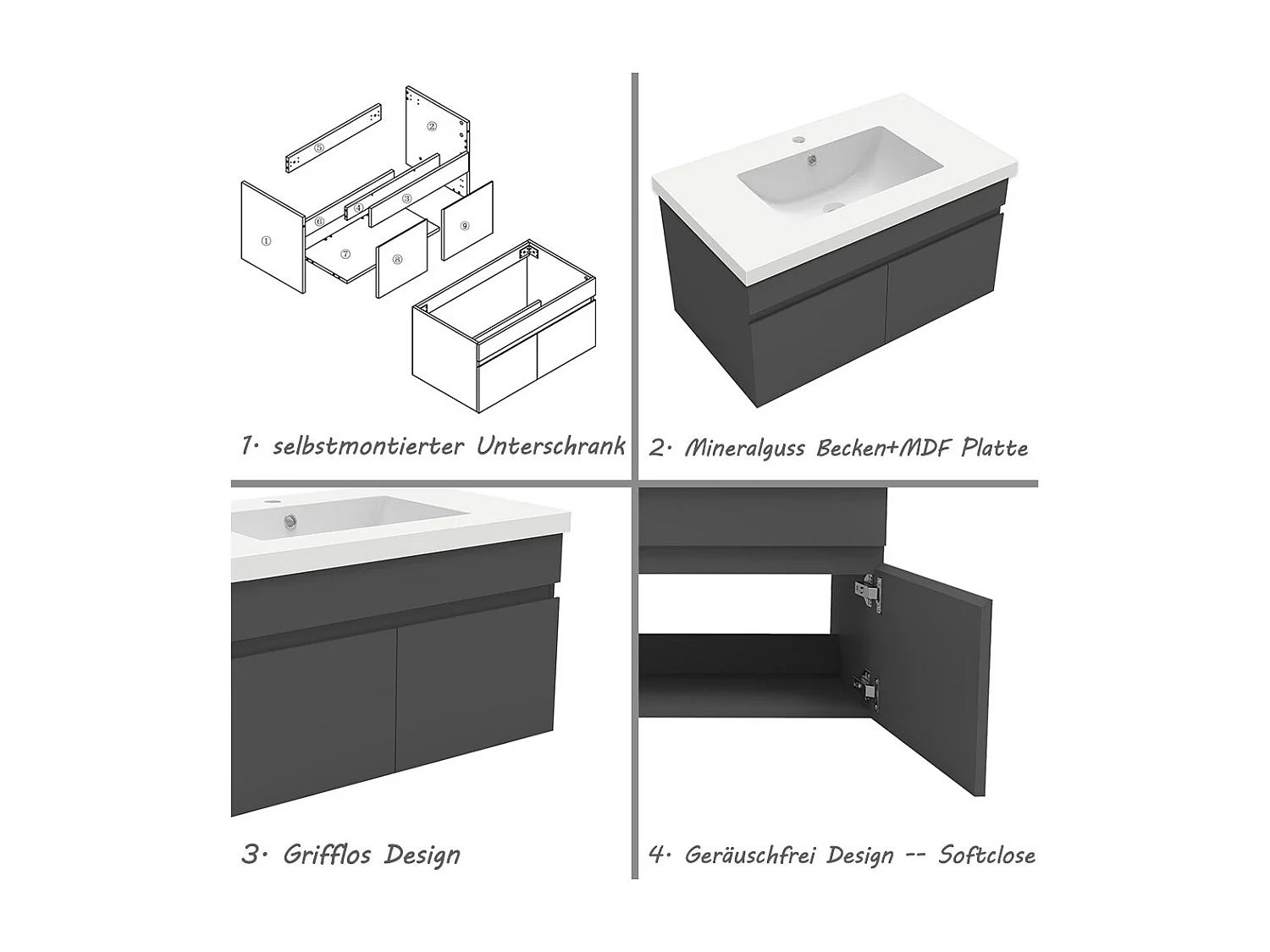 AICA Badezimmerschränke 80cm Mineralguss Waschtisch mit Unterschrank - Dunkelgrau Matt Hängeschrank - MARO