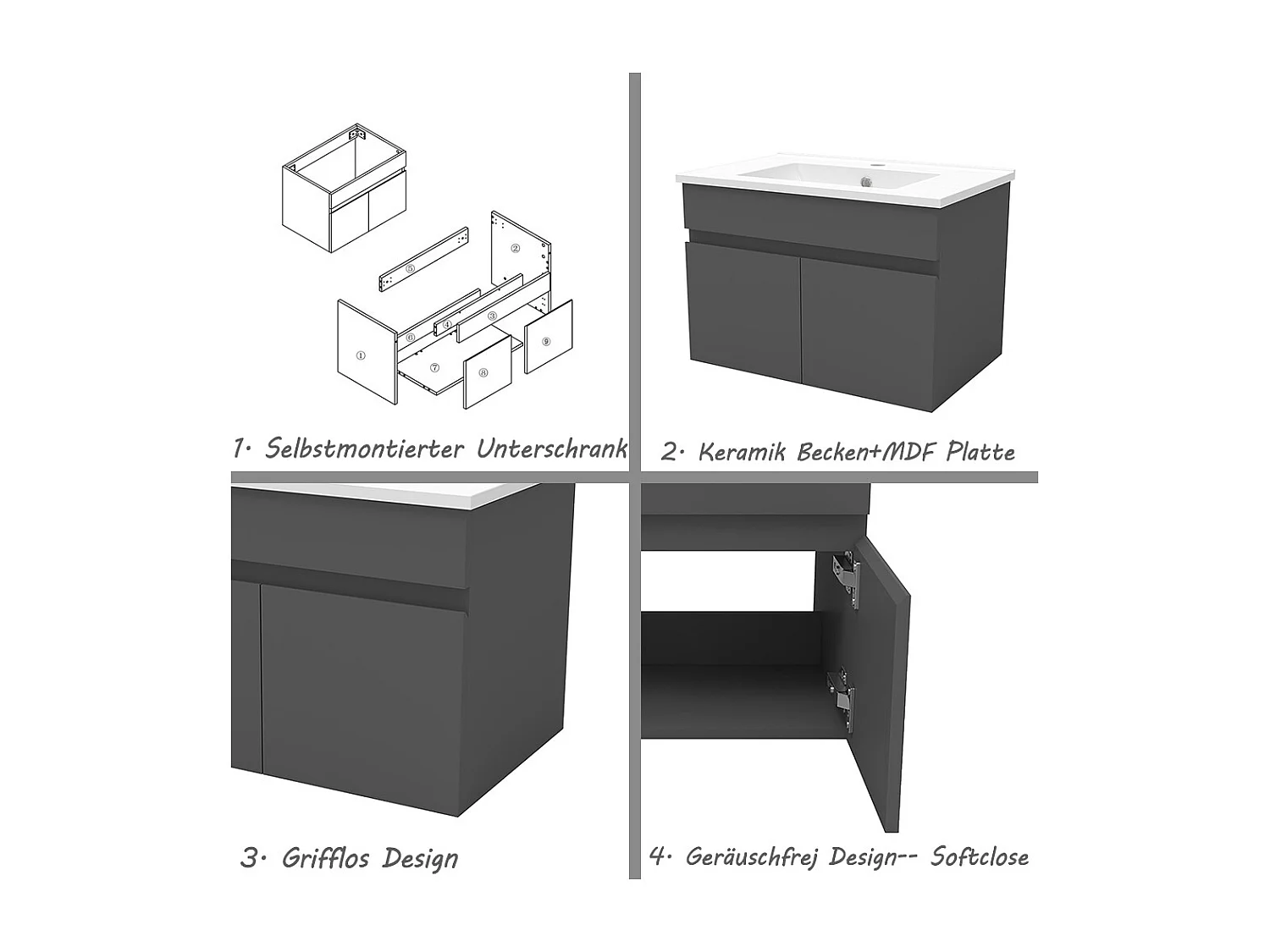 AICA Badezimmerschränke 60cm Dünn Keramik Waschtisch mit Unterschrank - Dunkelgrau Matt Hängeschrank - MARO