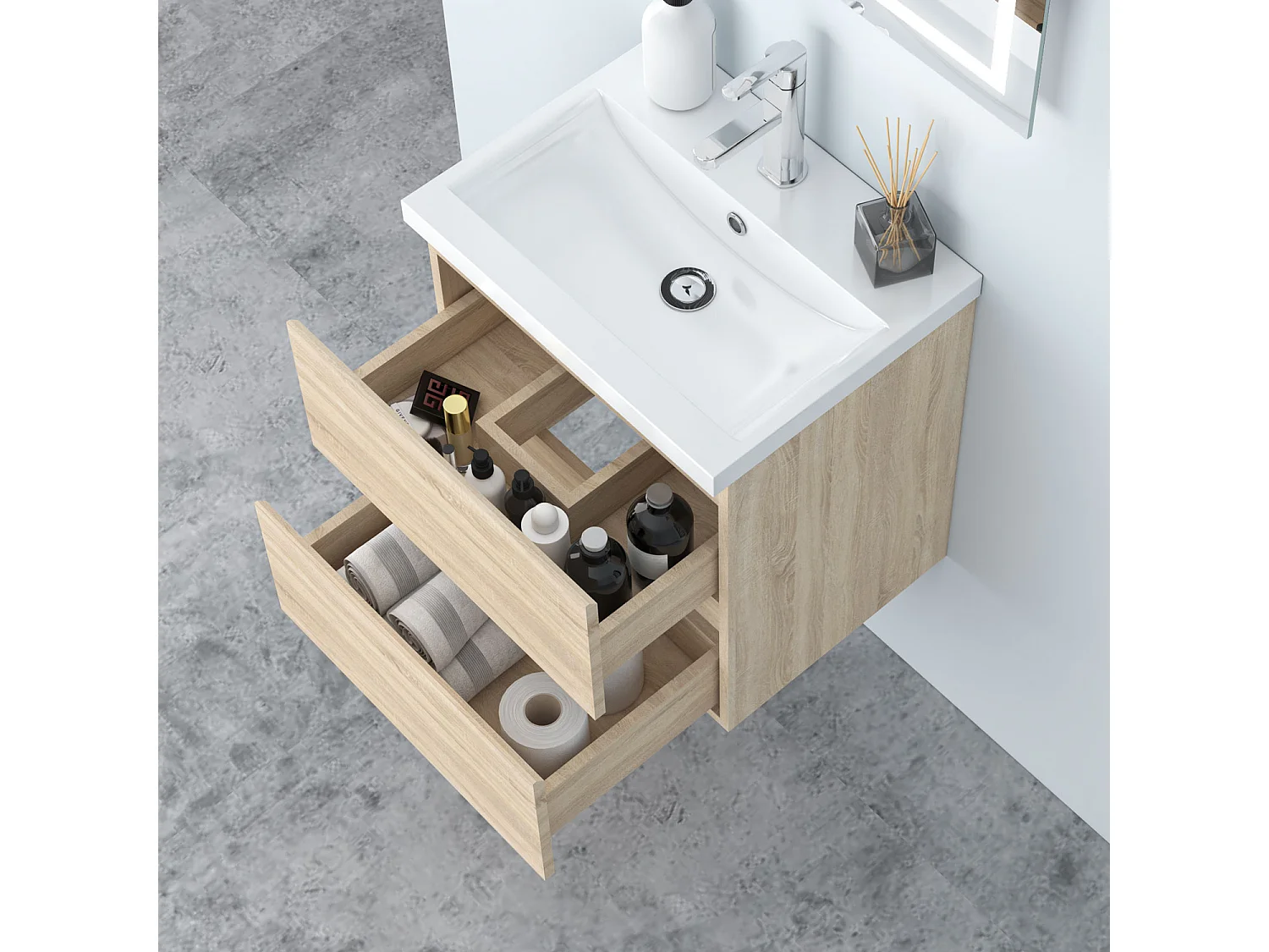 AICA Waschbeckenunterschrank hängend 50cm Keramik Waschtisch mit Unterschrank - Eiche Matt - CINIC