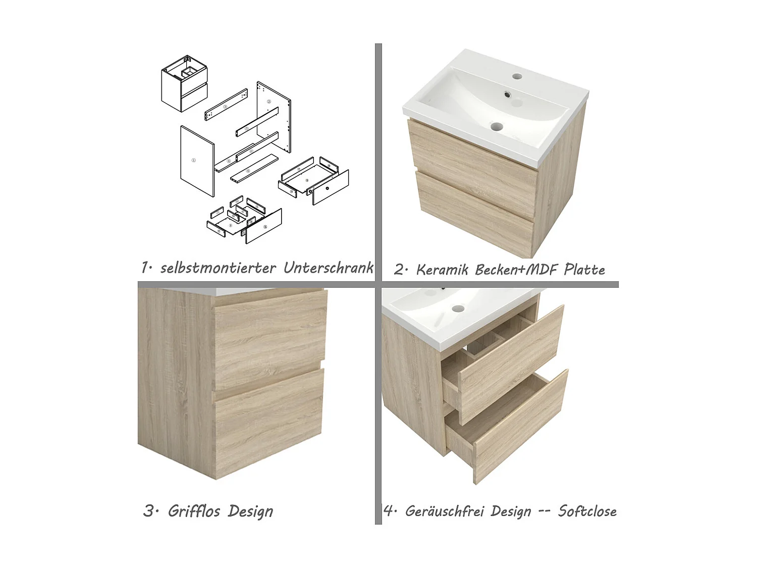 AICA Waschbeckenunterschrank hängend 50cm Keramik Waschtisch mit Unterschrank - Eiche Matt - CINIC