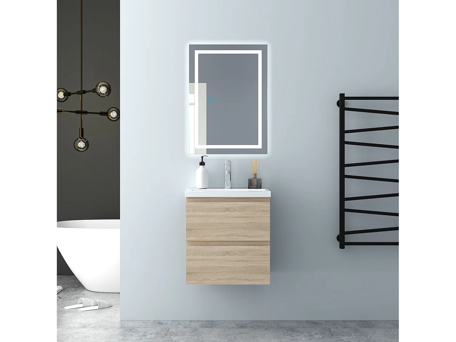 AICA Waschbeckenunterschrank hängend 50cm Keramik Waschtisch mit Unterschrank - Eiche Matt - CINIC