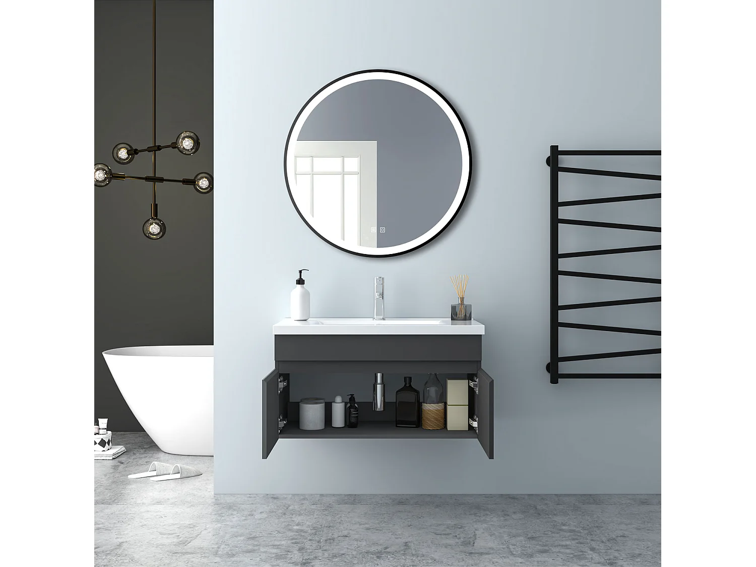 AICA Badezimmerschränke 80cm Keramik Waschtisch mit Unterschrank - Dunkelgrau Matt Hängeschrank - MARO