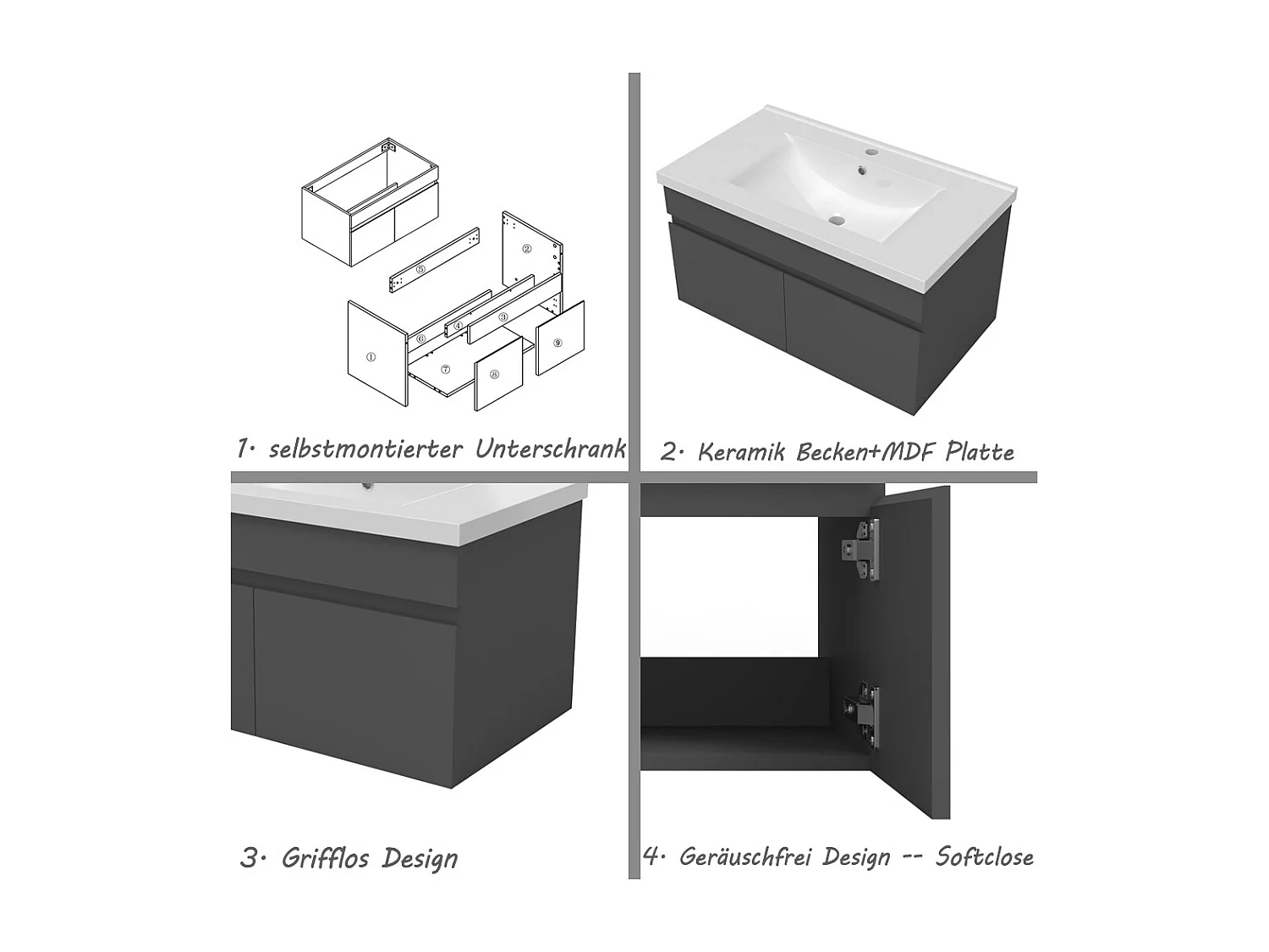 AICA Badezimmerschränke 80cm Keramik Waschtisch mit Unterschrank - Dunkelgrau Matt Hängeschrank - MARO