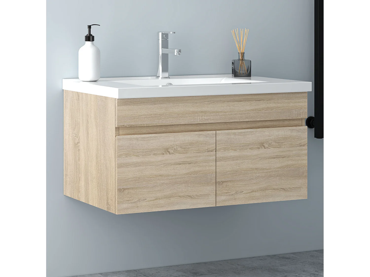AICA Badezimmerschränke 80cm Keramik Waschtisch mit Unterschrank - Eiche Matt Hängeschrank - MARO