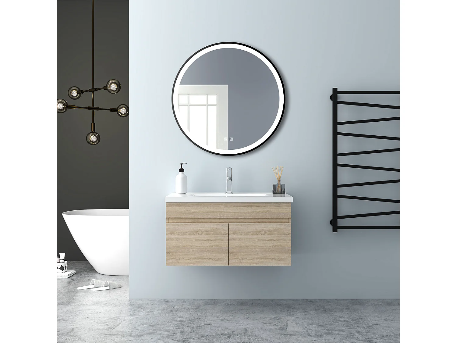 AICA Badezimmerschränke 80cm Keramik Waschtisch mit Unterschrank - Eiche Matt Hängeschrank - MARO