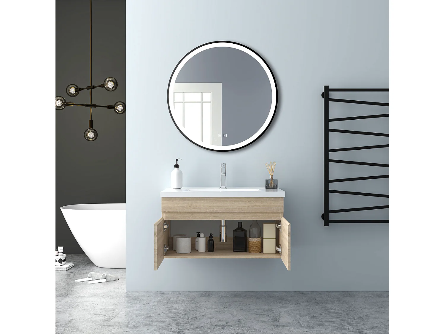 AICA Badezimmerschränke 80cm Keramik Waschtisch mit Unterschrank - Eiche Matt Hängeschrank - MARO