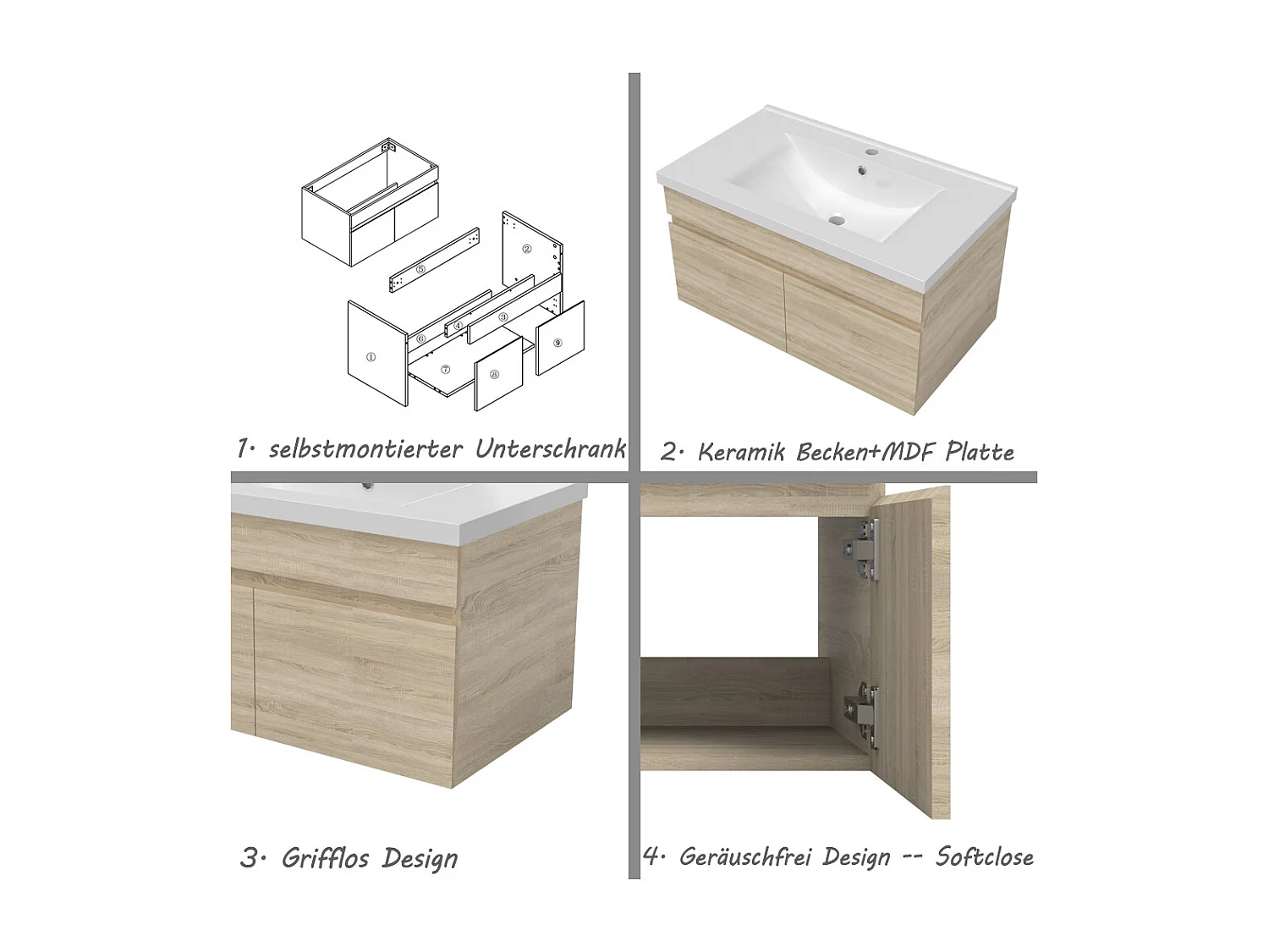 AICA Badezimmerschränke 80cm Keramik Waschtisch mit Unterschrank - Eiche Matt Hängeschrank - MARO