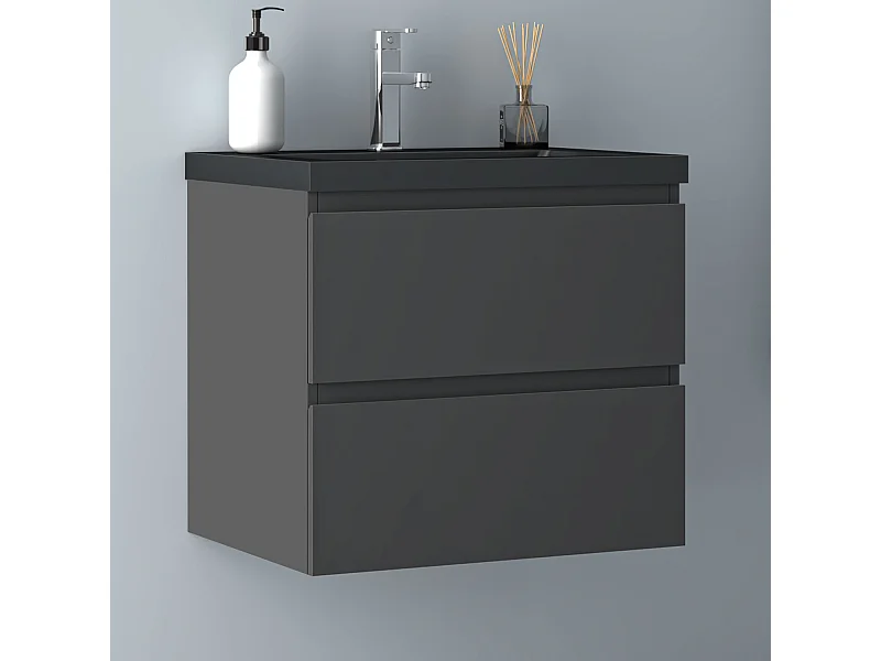 AICA Waschbeckenunterschrank hängend 60cm Schwarz Mineralguss Waschtisch mit Unterschrank - Dunkelgrau Matt - CINIC