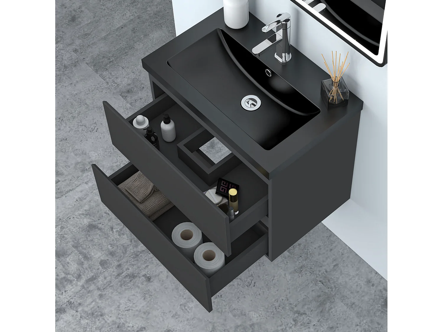 AICA Waschbeckenunterschrank hängend 60cm Schwarz Mineralguss Waschtisch mit Unterschrank - Dunkelgrau Matt - CINIC