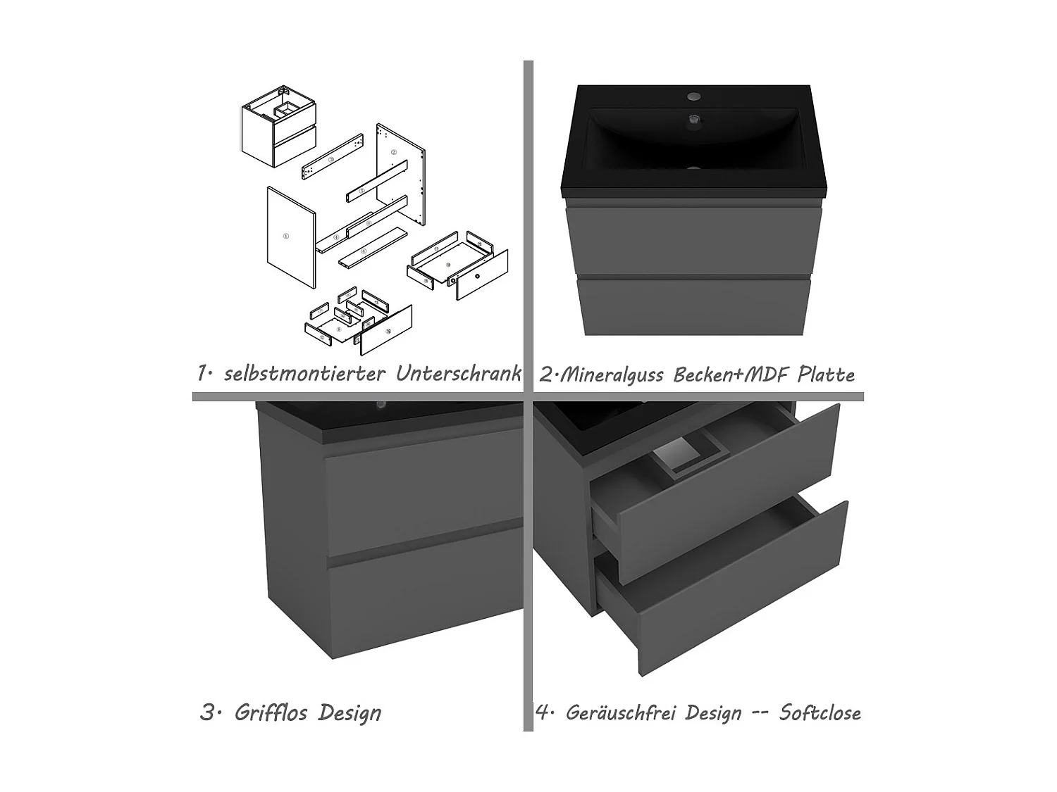 AICA Waschbeckenunterschrank hängend 60cm Schwarz Mineralguss Waschtisch mit Unterschrank - Dunkelgrau Matt - CINIC