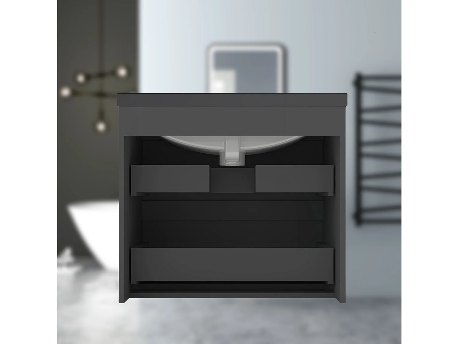 AICA Waschbeckenunterschrank hängend 60cm Schwarz Mineralguss Waschtisch mit Unterschrank - Dunkelgrau Matt - CINIC