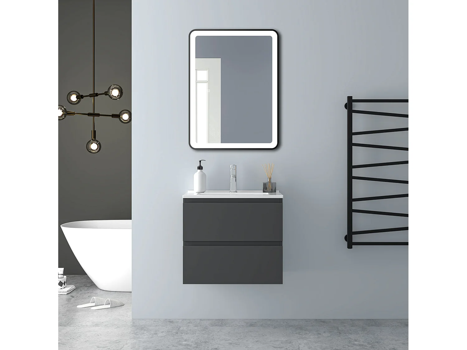 AICA Waschbeckenunterschrank hängend 60cm Dünn Keramik Waschtisch mit Unterschrank - Dunkelgrau Matt - CINIC