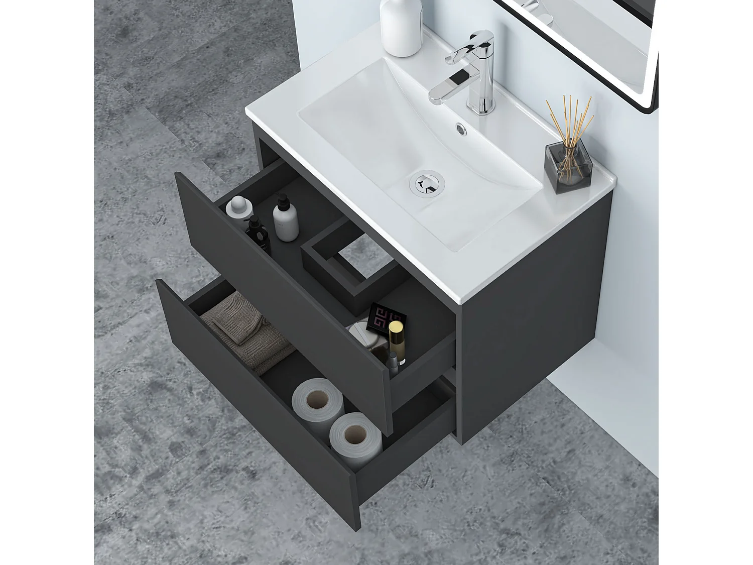 AICA Waschbeckenunterschrank hängend 60cm Dünn Keramik Waschtisch mit Unterschrank - Dunkelgrau Matt - CINIC