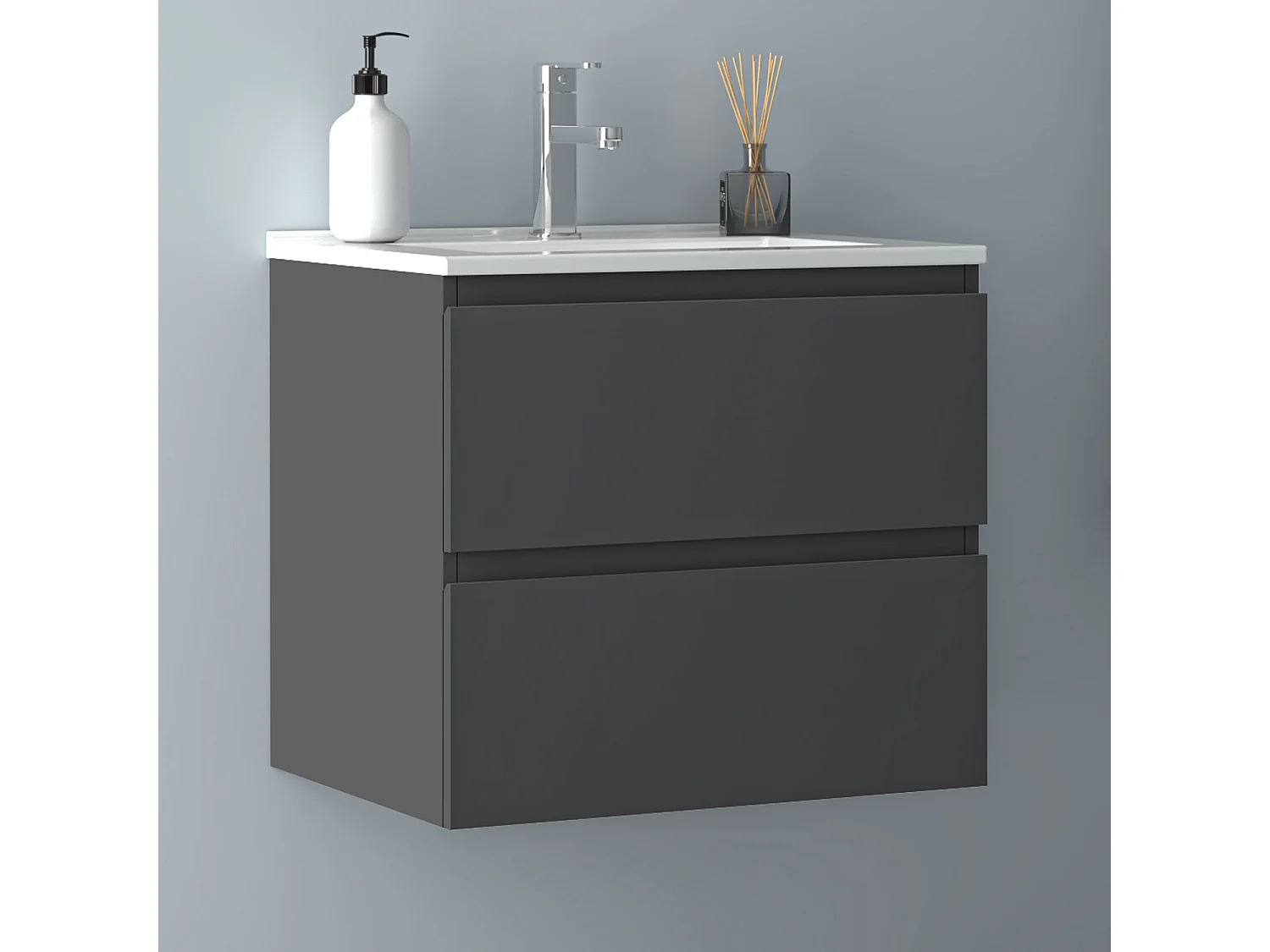 AICA Waschbeckenunterschrank hängend 60cm Dünn Keramik Waschtisch mit Unterschrank - Dunkelgrau Matt - CINIC