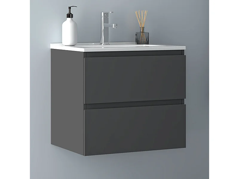 AICA Waschbeckenunterschrank hängend 60cm Dünn Keramik Waschtisch mit Unterschrank - Dunkelgrau Matt - CINIC