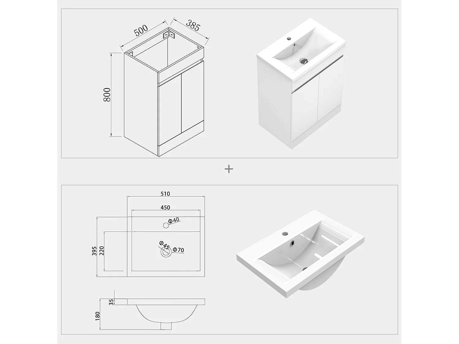 AICA Badezimmermöbel 50 cm Keramik waschbecken mit unterschrank -Weiß Matt Standschrank - KANY