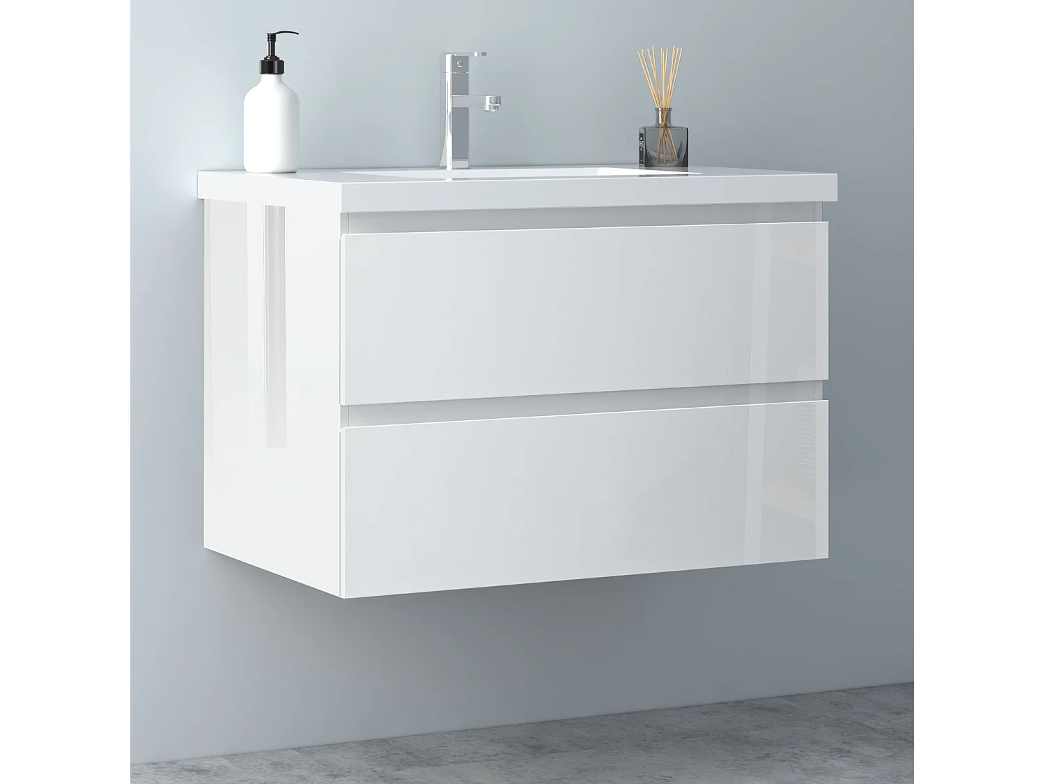 AICA Waschbeckenunterschrank hängend 80cm Mineralguss Waschtisch mit Unterschrank - Hochglanz Weiß - CINIC