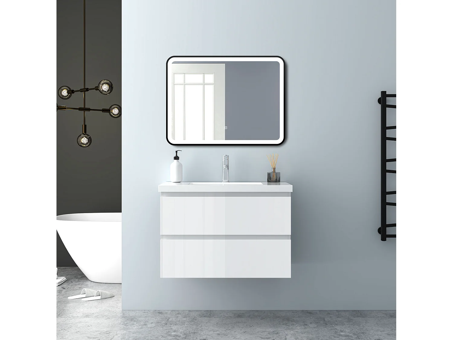 AICA Waschbeckenunterschrank hängend 80cm Mineralguss Waschtisch mit Unterschrank - Hochglanz Weiß - CINIC