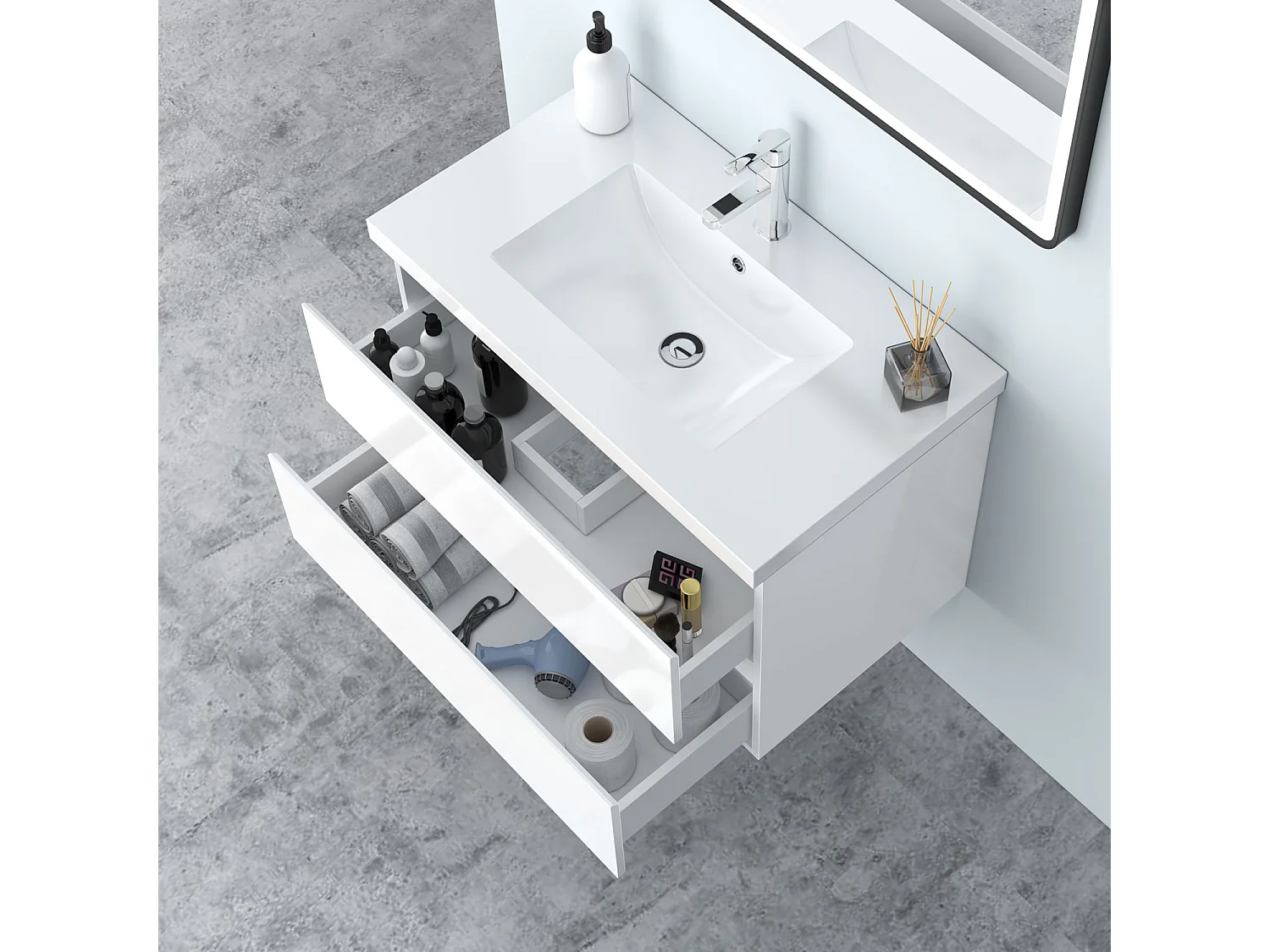 AICA Waschbeckenunterschrank hängend 80cm Mineralguss Waschtisch mit Unterschrank - Hochglanz Weiß - CINIC
