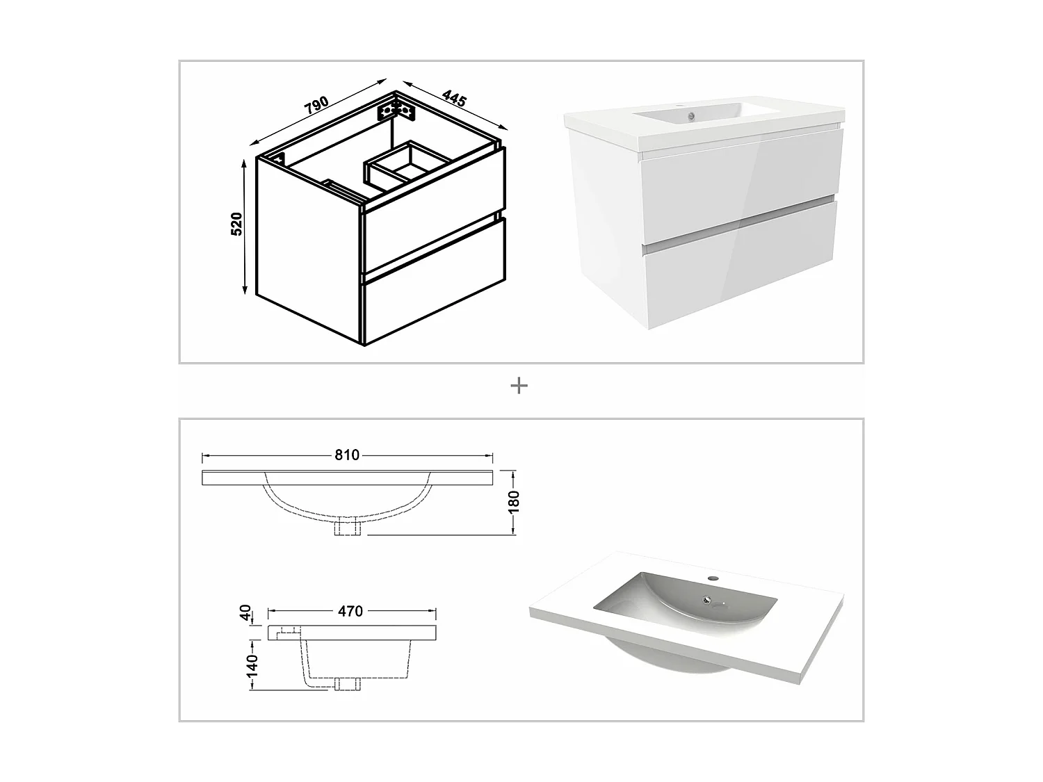 AICA Waschbeckenunterschrank hängend 80cm Mineralguss Waschtisch mit Unterschrank - Hochglanz Weiß - CINIC