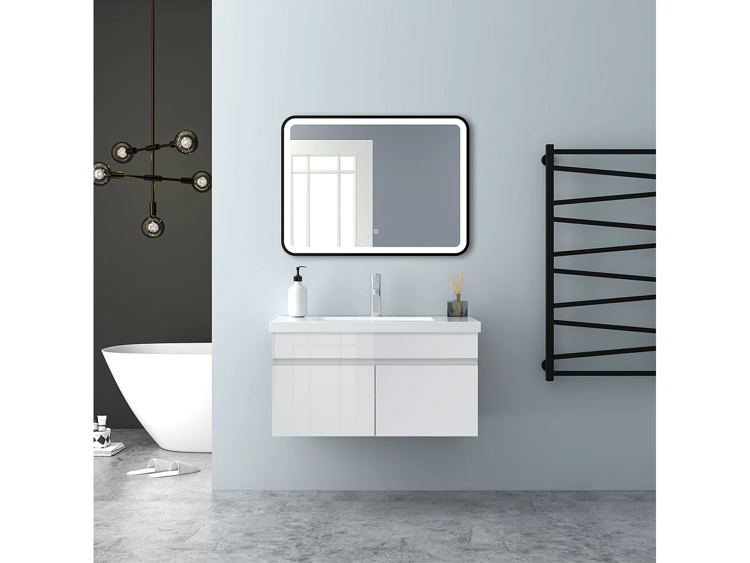 AICA Badezimmerschränke 80cm Mineralguss Waschtisch mit Unterschrank - Hochglanz Weiß Hängeschrank - MARO