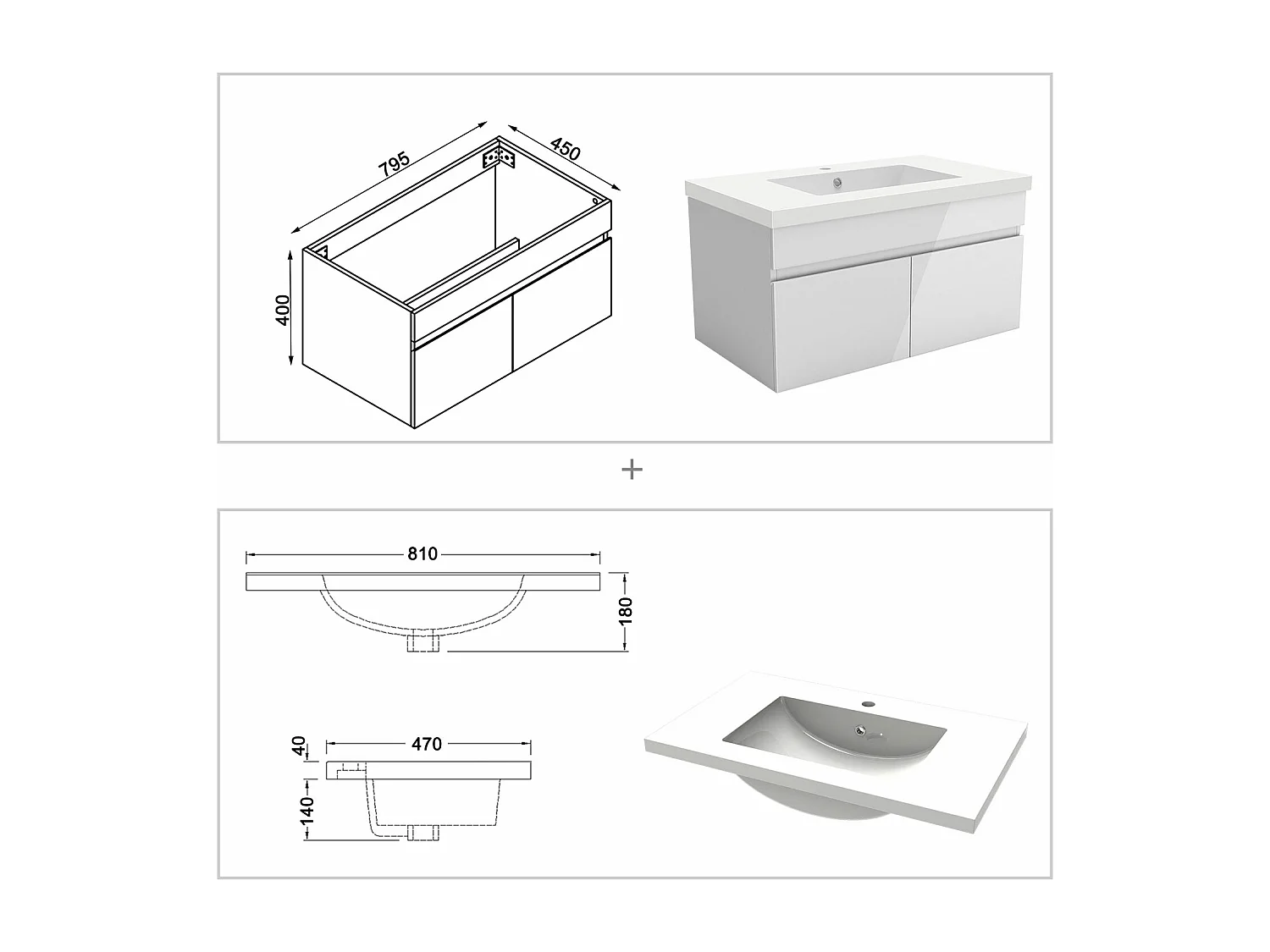 AICA Badezimmerschränke 80cm Mineralguss Waschtisch mit Unterschrank - Hochglanz Weiß Hängeschrank - MARO