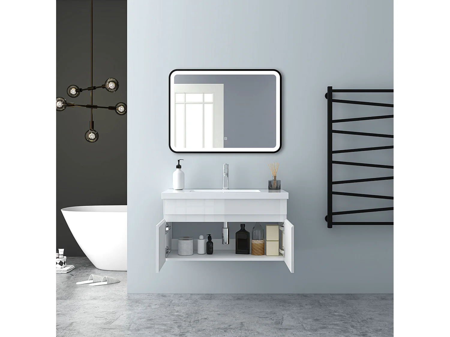 AICA Badezimmerschränke 80cm Mineralguss Waschtisch mit Unterschrank - Hochglanz Weiß Hängeschrank - MARO