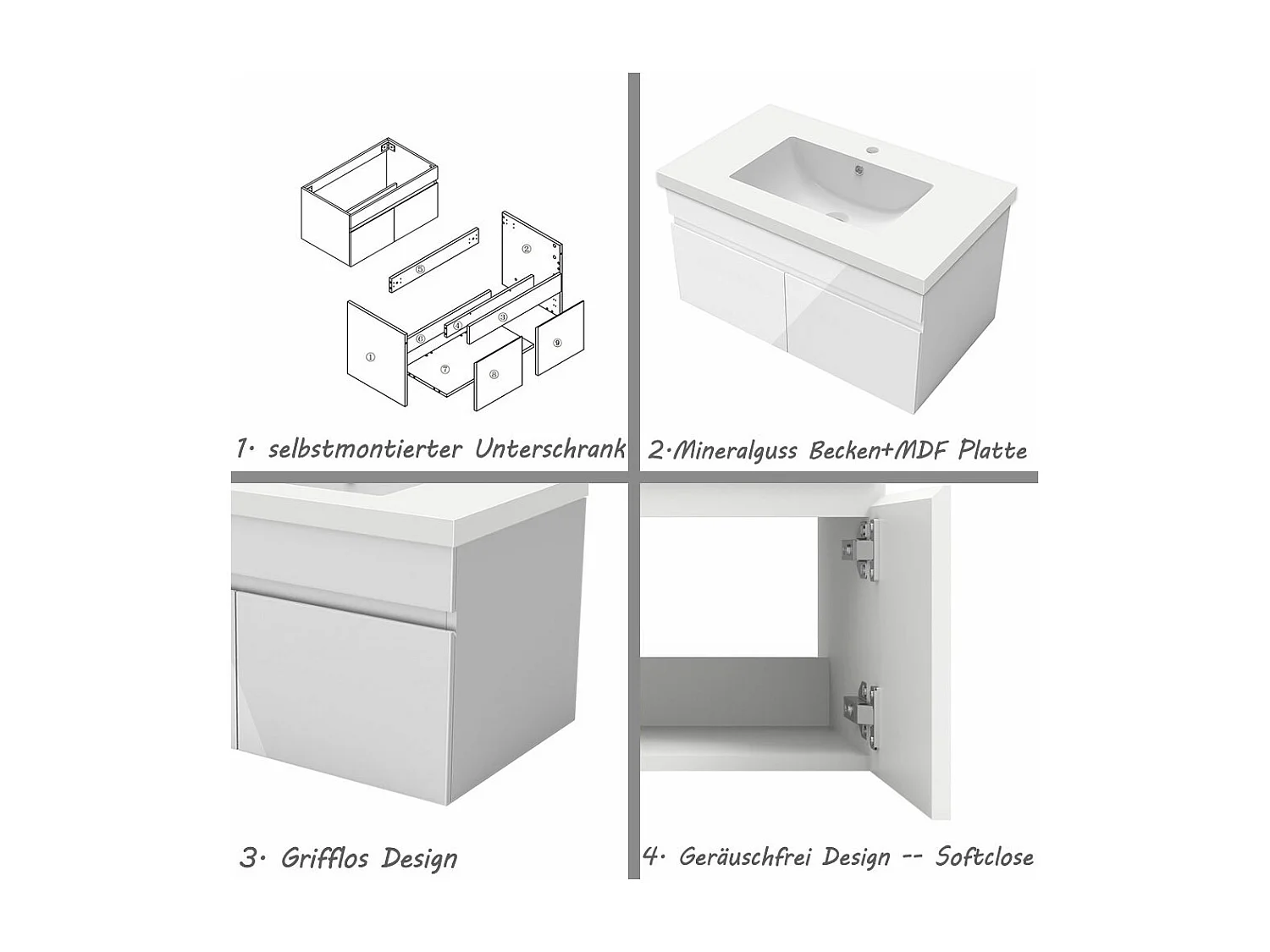 AICA Badezimmerschränke 80cm Mineralguss Waschtisch mit Unterschrank - Hochglanz Weiß Hängeschrank - MARO