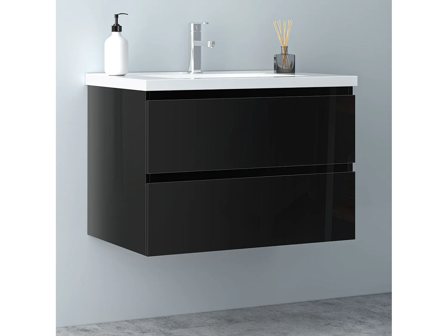 AICA Waschbeckenunterschrank hängend 80cm Keramik Waschtisch mit Unterschrank - Hochglanz Schwarz - CINIC