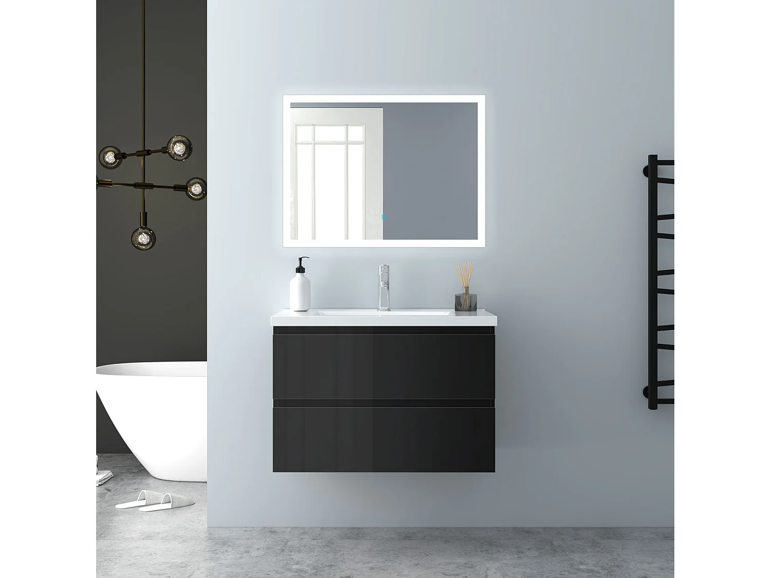 AICA Waschbeckenunterschrank hängend 80cm Keramik Waschtisch mit Unterschrank - Hochglanz Schwarz - CINIC