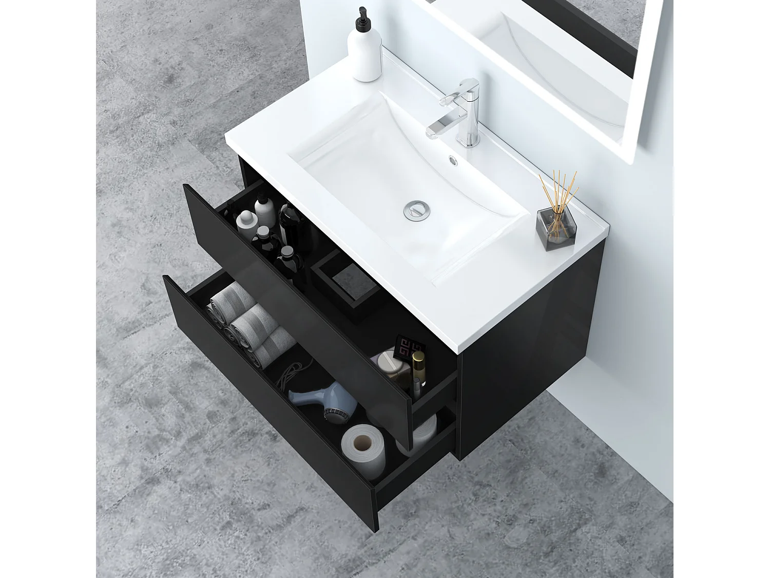 AICA Waschbeckenunterschrank hängend 80cm Keramik Waschtisch mit Unterschrank - Hochglanz Schwarz - CINIC