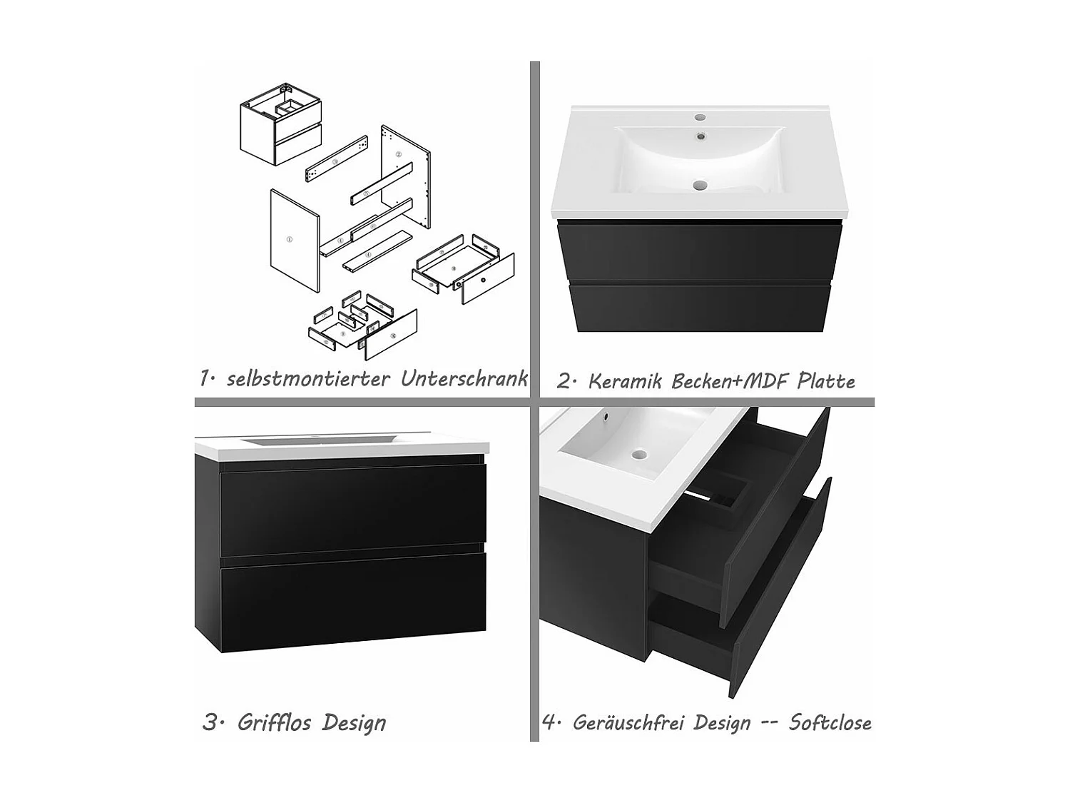 AICA Waschbeckenunterschrank hängend 80cm Keramik Waschtisch mit Unterschrank - Hochglanz Schwarz - CINIC