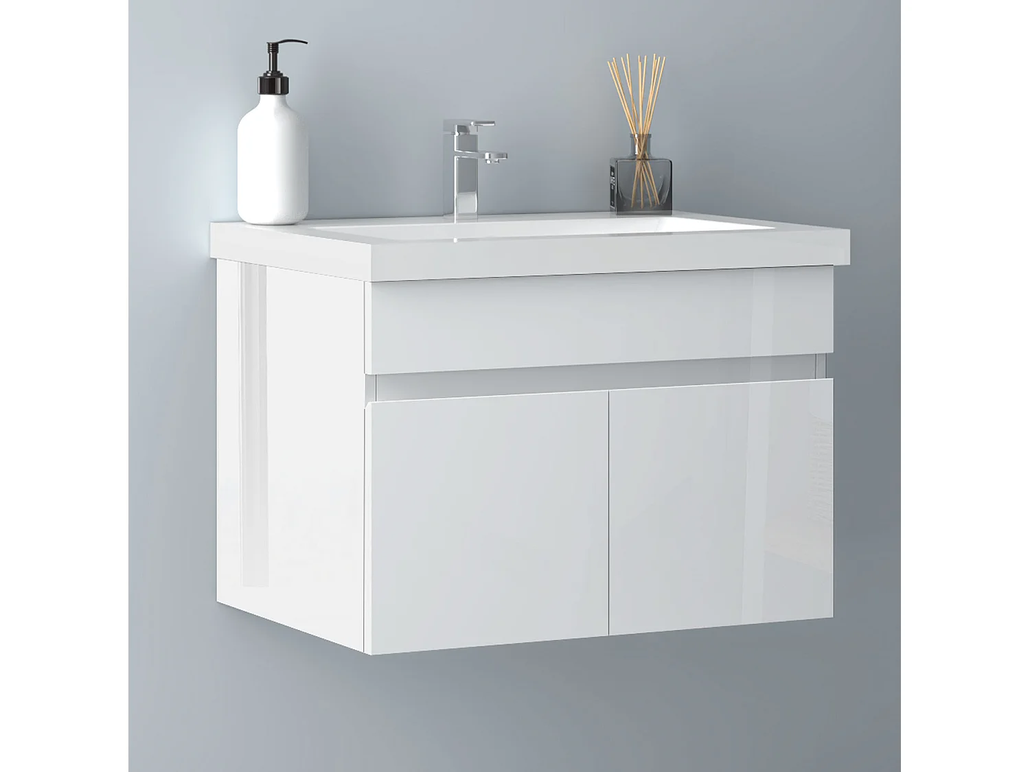 AICA Badezimmerschränke 60cm Mineralguss Waschtisch mit Unterschrank - Hochglanz Weiß Hängeschrank - MARO