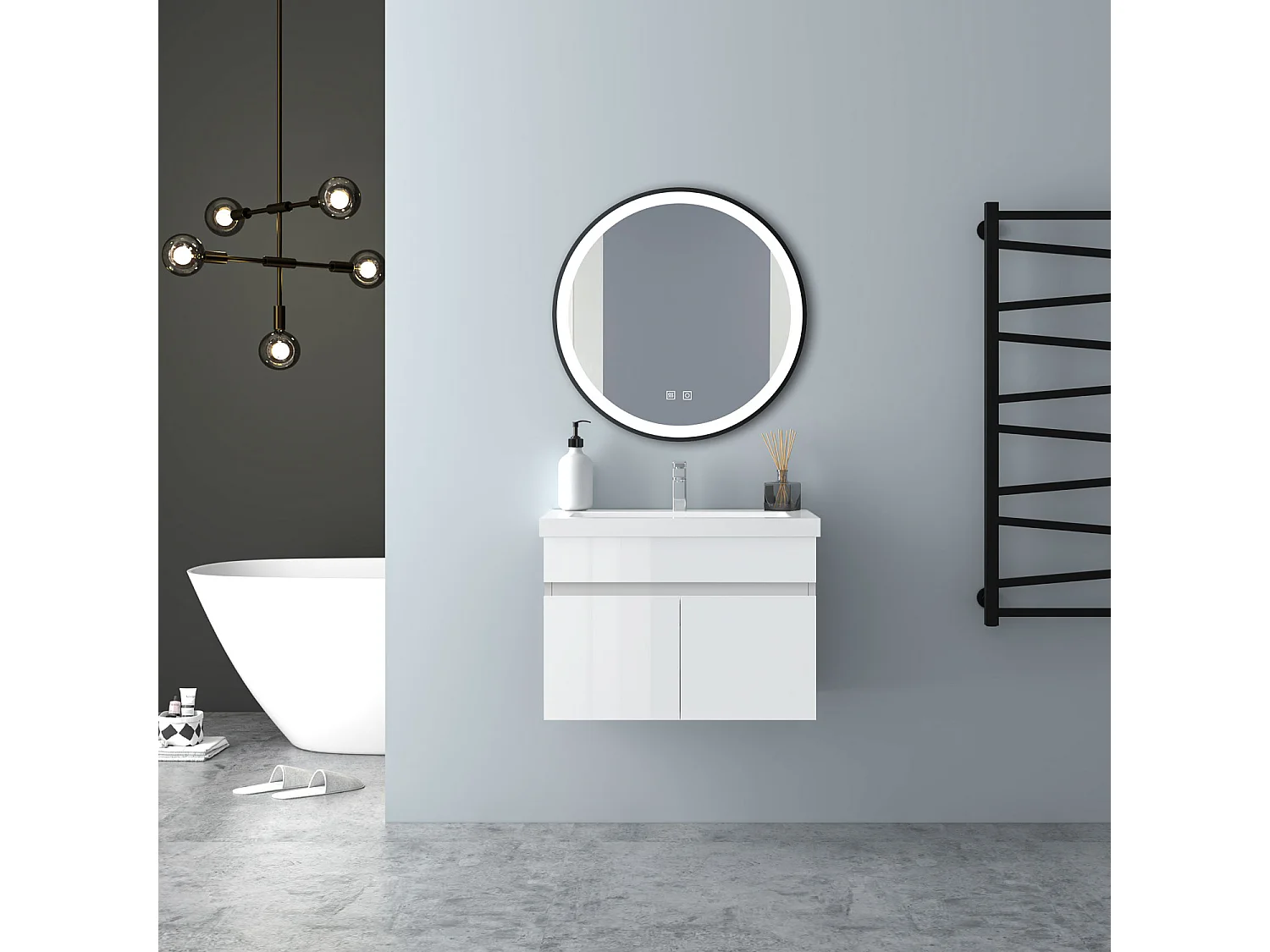 AICA Badezimmerschränke 60cm Mineralguss Waschtisch mit Unterschrank - Hochglanz Weiß Hängeschrank - MARO