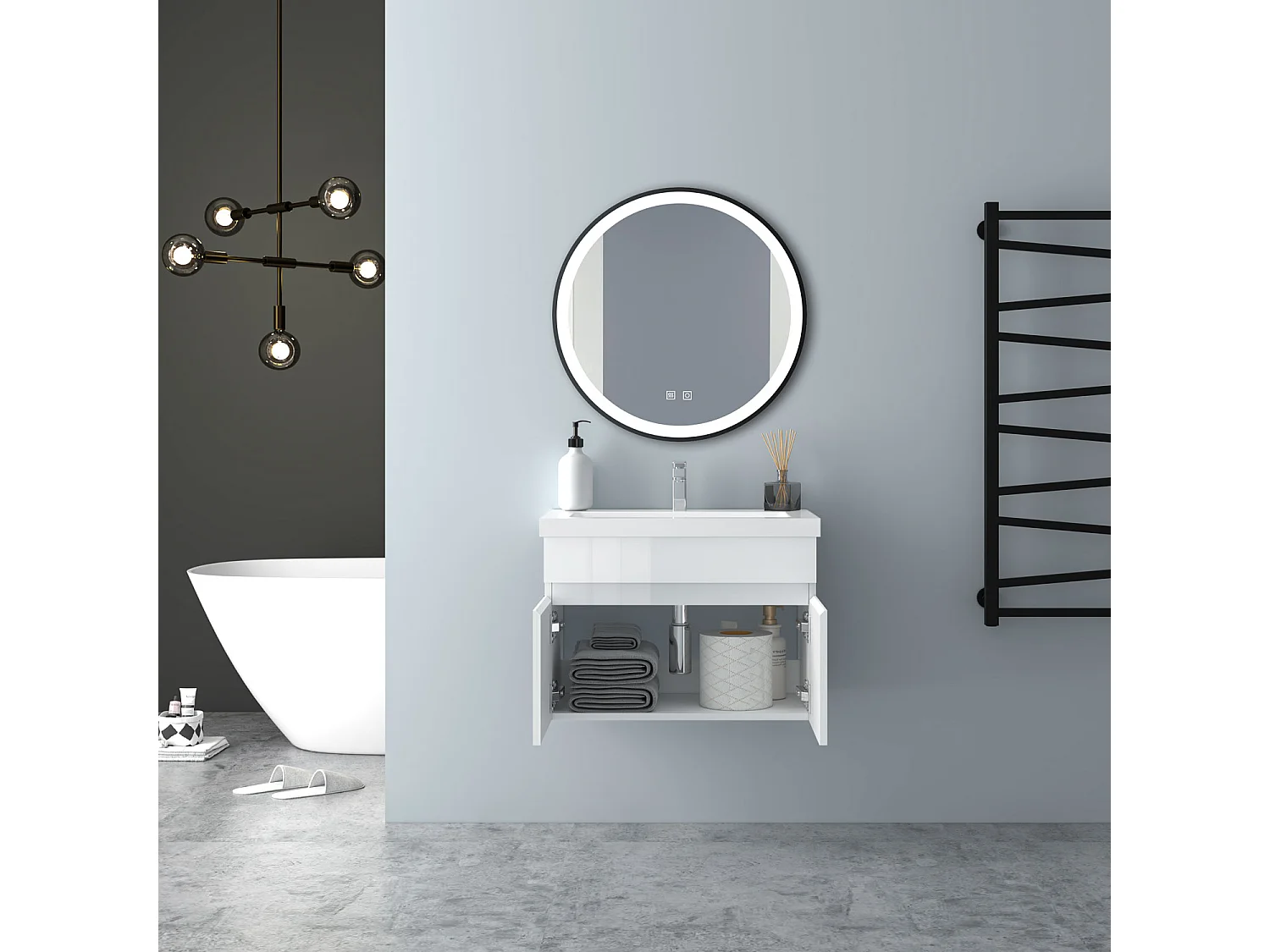 AICA Badezimmerschränke 60cm Mineralguss Waschtisch mit Unterschrank - Hochglanz Weiß Hängeschrank - MARO