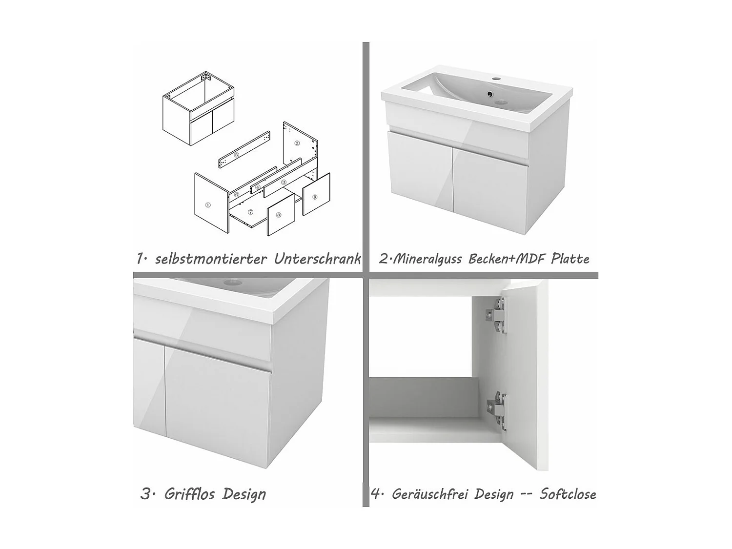 AICA Badezimmerschränke 60cm Mineralguss Waschtisch mit Unterschrank - Hochglanz Weiß Hängeschrank - MARO