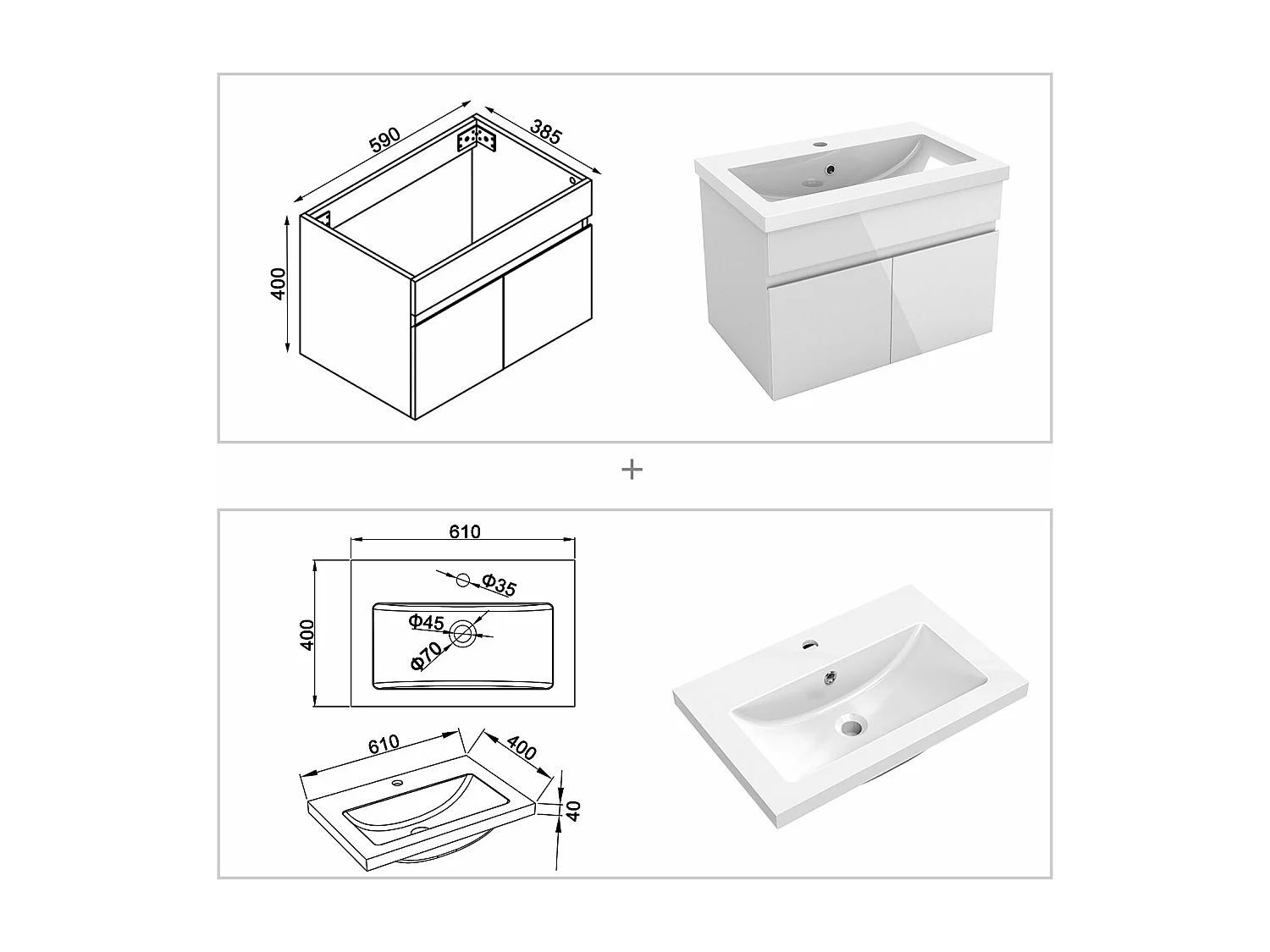 AICA Badezimmerschränke 60cm Mineralguss Waschtisch mit Unterschrank - Hochglanz Weiß Hängeschrank - MARO
