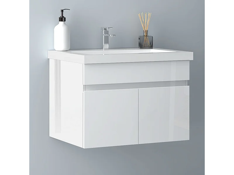 AICA Badezimmerschränke 60cm Mineralguss Waschtisch mit Unterschrank - Hochglanz Weiß Hängeschrank - MARO