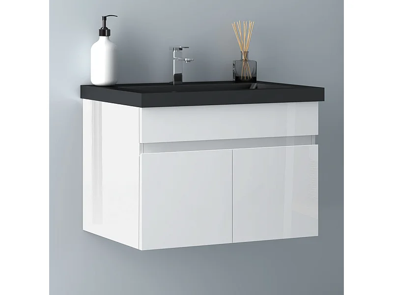 AICA Badezimmerschränke 60cm Schwarz Mineralguss Waschtisch mit Unterschrank - Hochglanz Weiß Hängeschrank - MARO