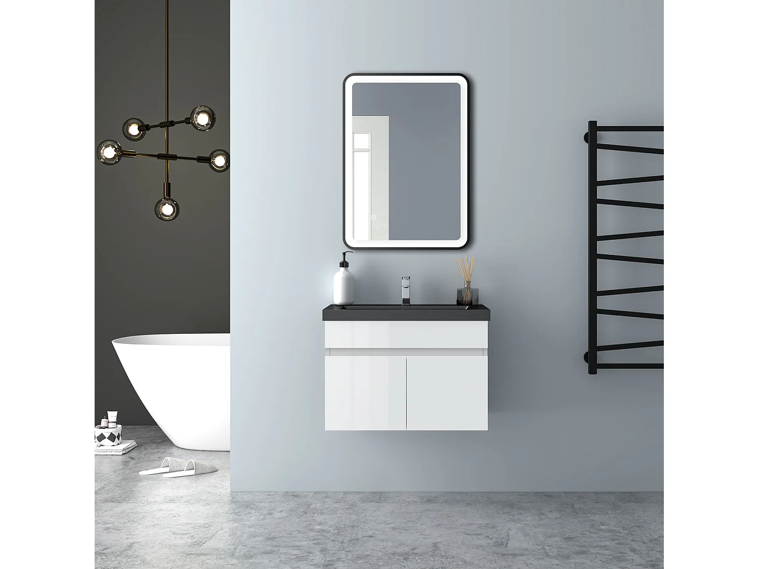 AICA Badezimmerschränke 60cm Schwarz Mineralguss Waschtisch mit Unterschrank - Hochglanz Weiß Hängeschrank - MARO