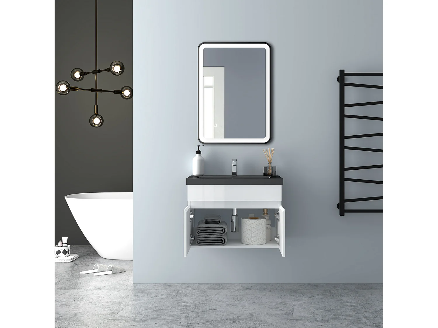 AICA Badezimmerschränke 60cm Schwarz Mineralguss Waschtisch mit Unterschrank - Hochglanz Weiß Hängeschrank - MARO