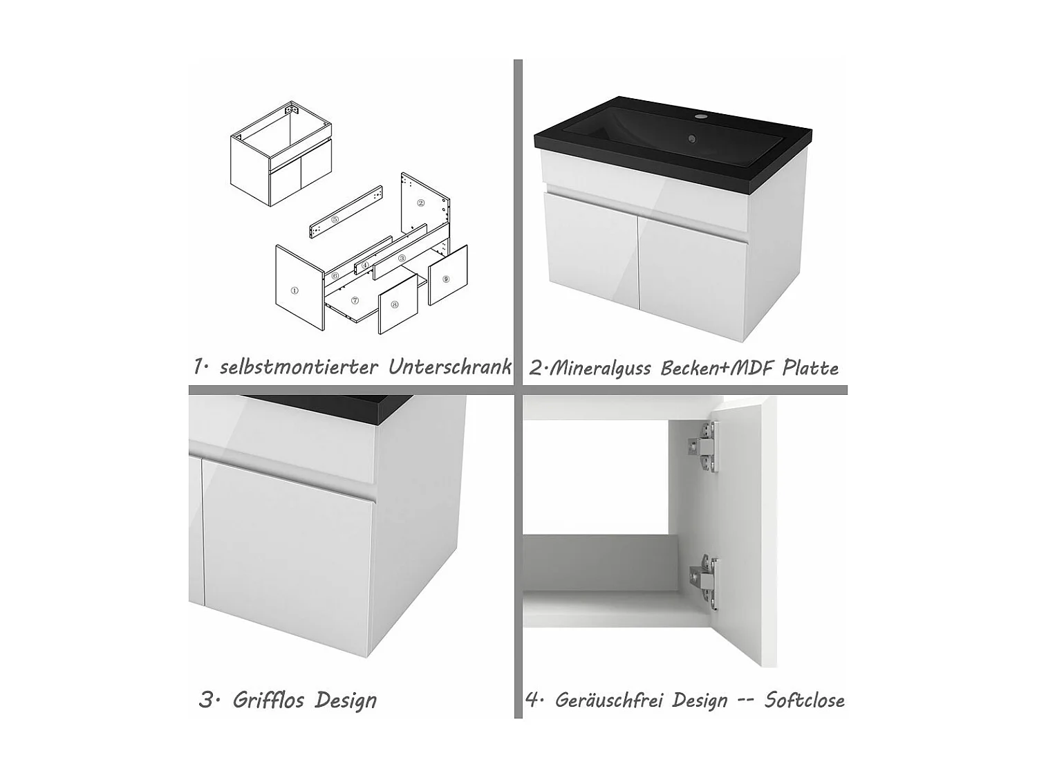 AICA Badezimmerschränke 60cm Schwarz Mineralguss Waschtisch mit Unterschrank - Hochglanz Weiß Hängeschrank - MARO