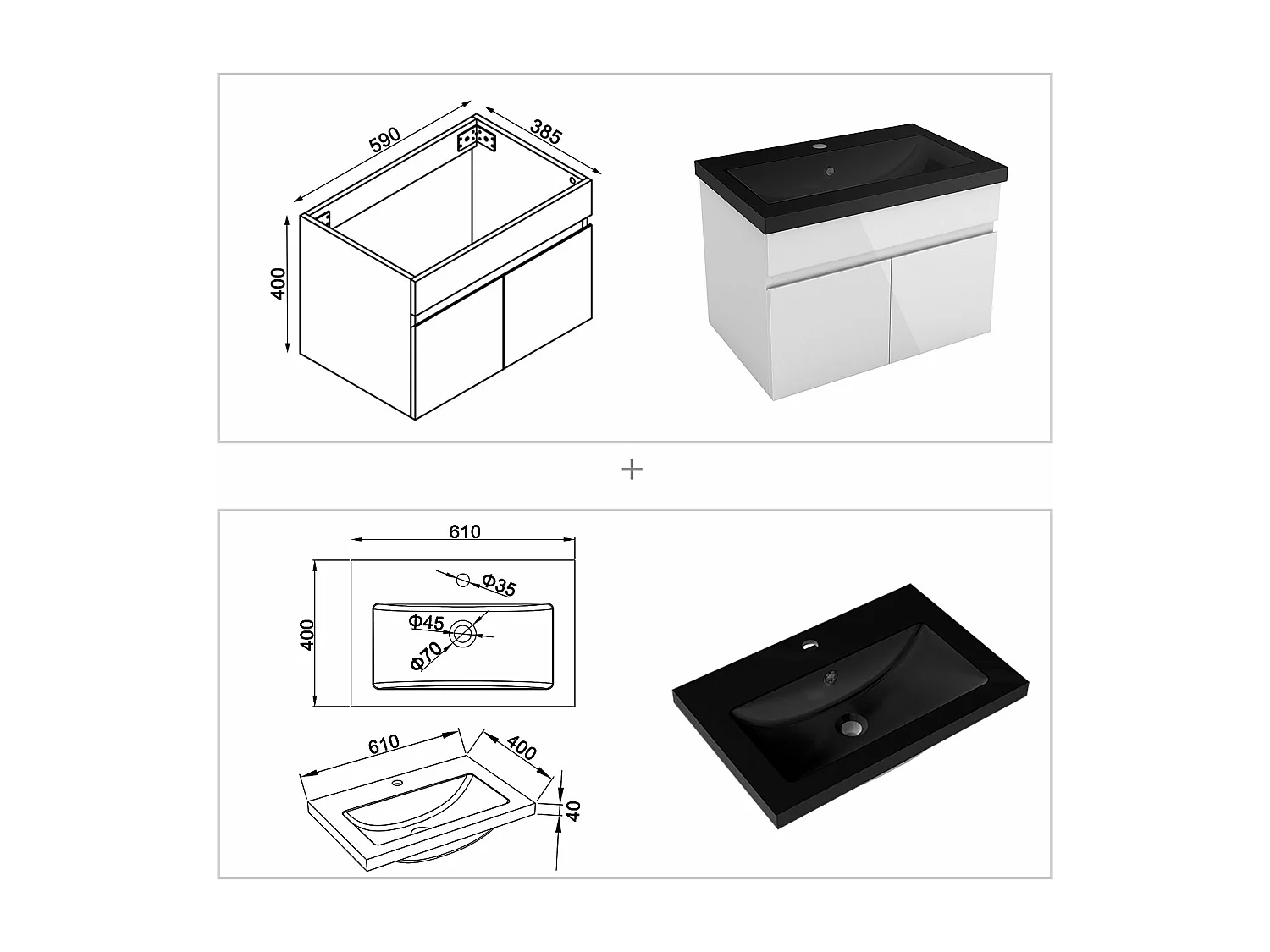 AICA Badezimmerschränke 60cm Schwarz Mineralguss Waschtisch mit Unterschrank - Hochglanz Weiß Hängeschrank - MARO