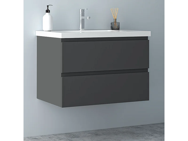 AICA Waschbeckenunterschrank hängend 80cm Mineralguss Waschtisch mit Unterschrank - Dunkelgrau Matt - CINIC