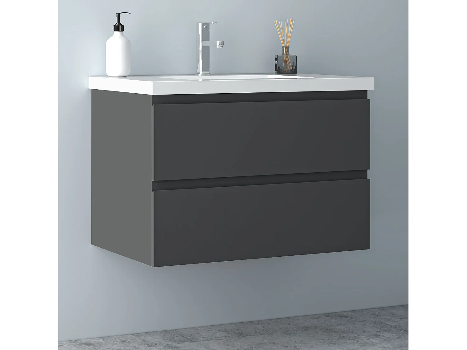 AICA Waschbeckenunterschrank hängend 80cm Mineralguss Waschtisch mit Unterschrank - Dunkelgrau Matt - CINIC