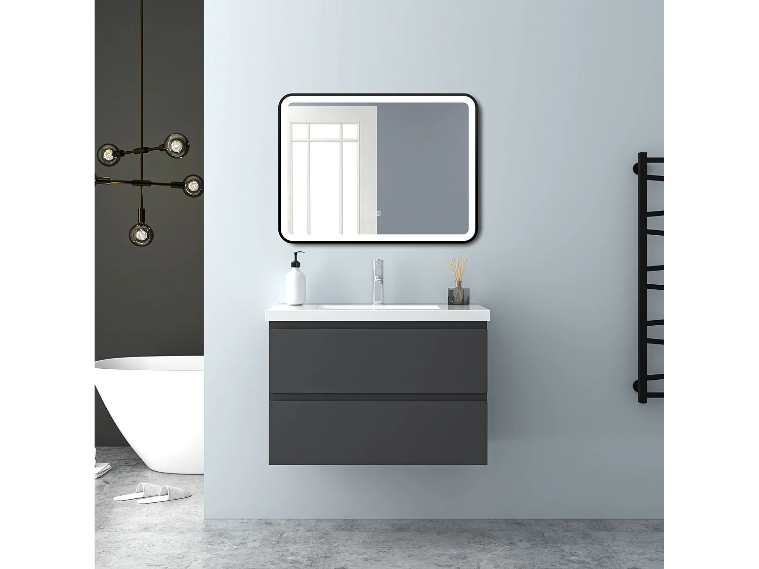 AICA Waschbeckenunterschrank hängend 80cm Mineralguss Waschtisch mit Unterschrank - Dunkelgrau Matt - CINIC